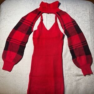 Red Knit Dress with Plaid Sleeves